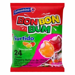 BON BON BUM - BUBBLE GUM POPS , ASSORTED FLAVORS  BAG x 24 UNIDADES