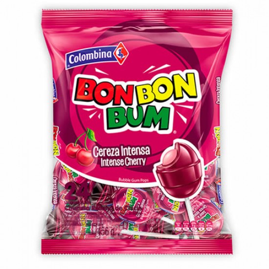 BON BON BUM - BUBBLE GUM POPS, INTENSE CHERRY FLAVOR - BAG x 24 UNIDADES