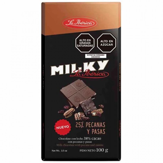 LA IBERICA MILKY - MILK CHOCOLATE WITH PECANS & RAISINS , 38% CACAO - TABLET  X 100 GR