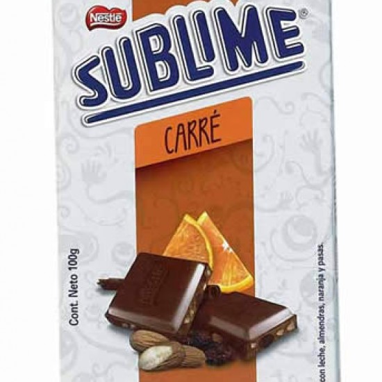 SUBLIME CARRE - TABLET OF MILK CHOCOLATE, ALMONDS,RAISINS & ORANGE,PERU - BAR X 100 GR